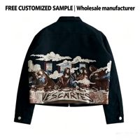 Veste brodée personnalisée Dernière Cène pour homme, noire, style vintage streetwear, vêtement de travail, manteau d'inspiration artistique, vente en gros OEM usine