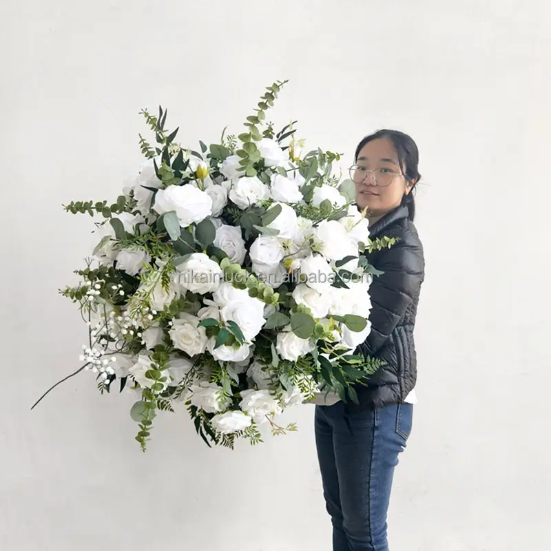 70Cm Lớn Hoa Bóng Cưới Centerpieces Trang Trí Nội Thất Trắng Nhân Tạo Lụa Tăng Màu Xanh Lá Cây Lá Drooping Bó Hoa Bóng