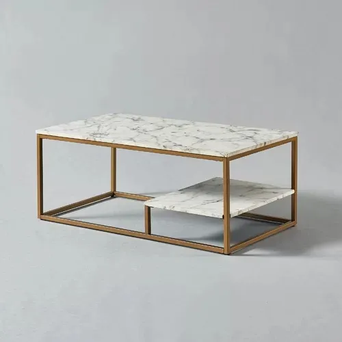 संगमरमर शीर्ष के साथ आधुनिक शैली सफेद कॉफी टेबल भंडारण शेल्फ लक्जरी सोने कॉफी टेबल
