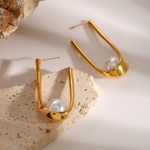 Pendientes de Aro en Forma de U con Perlas, Acero Inoxidable con Baño de Oro de 18k, para Uso Diario - Product Image 3