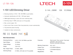 Controlador de Atenuación LED de Voltaje Constante LT-701-12A 0-10V 1-10V, 12A 1CH DC12-24V PWM, Certificado CE/FCC, 5 Años de Garantía - Product Image 2