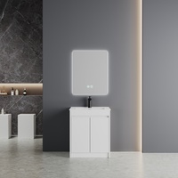 Meuble de salle de bain moderne en contreplaqué haute densité à texture fine et motif grainé clair, avec miroir intelligent et lavabo