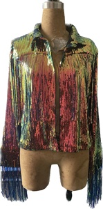 2024 frange Sequin Stand-up Streetwear Rock Bf Vintage à manches longues argent réfléchissant manteau femmes veste hauts - Product Image 4