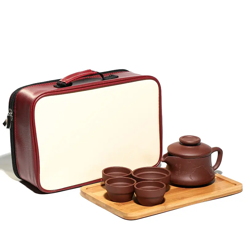 Conjunto de chá de argila roxa yixing, conjunto de chá tipo pistola com bolsa de viagem, zisha hu, venda imperdível