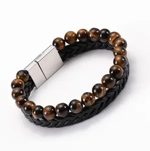 Natural stone tiger eye leather bracelet Leather beads double row men's magnet buckle bracelet