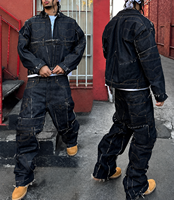 Ensembles de vêtements streetwear sur mesure pour hommes, comprenant des vestes en jean brut brodé coupe oversize et des ensembles de pantalons en jean épais