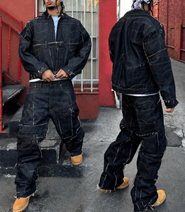 Ensembles de vêtements streetwear sur mesure pour hommes, comprenant des vestes en <span class=keywords><strong>jean</strong></span> brut brodé coupe oversize et des ensembles de pantalons en <span class=keywords><strong>jean</strong></span> épais - Product Image 1