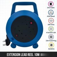 Cable de Extensión para Camping de 5/10/15 Metros, 4 Tomas de Corriente de 13A con Enchufe Británico (BS), Enrollador de Cable con Enchufe CEE y Protección Térmica
