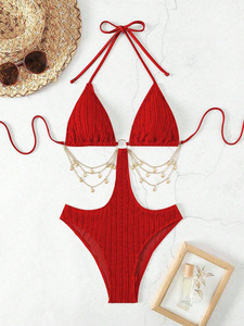 Traje de baño monokini rojo halter de una pieza para mujer, sexy, con cuello en V profundo, ahuecado, con cadena y anillo, acanalado, ropa de playa OEM - Product Image 4