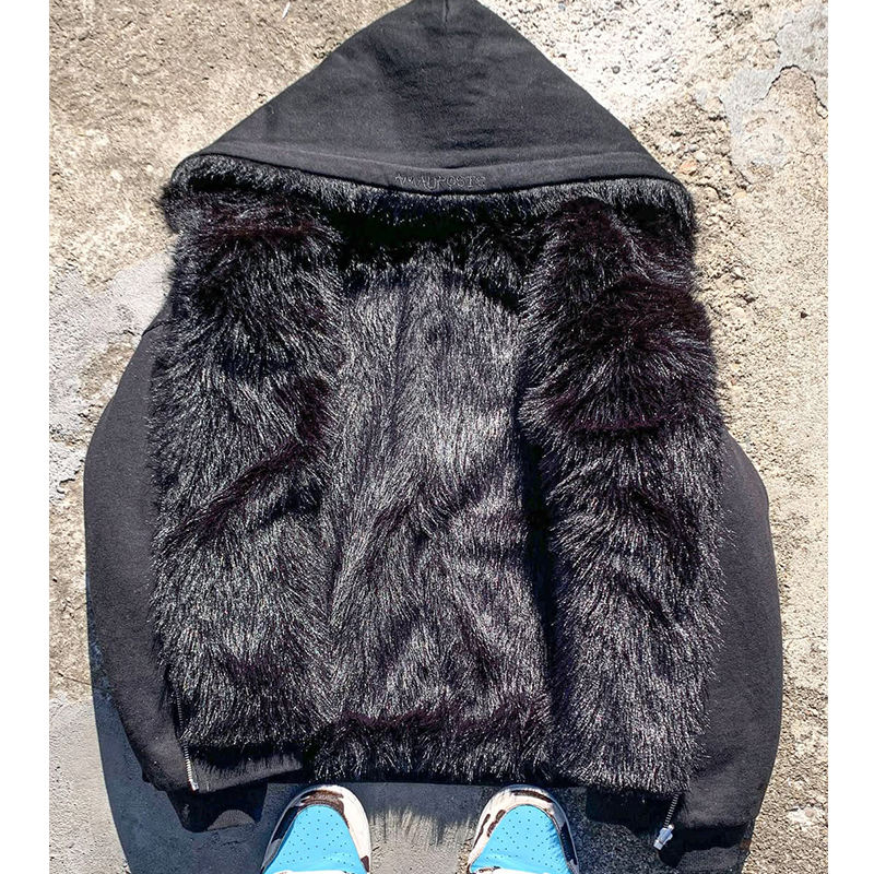 Black Hoodie Jacket Hoodie With Fur Inside Mens Winter Fur Hooded