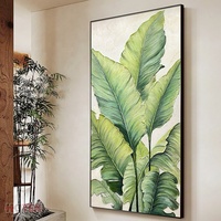 Art Mural sur Toile Moderne Peint à la Main, Peinture à l'Huile Abstraite Feuilles Vertes Grandes Feuilles pour Salon, Œuvre d'Art Décorative