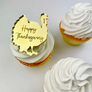Décorations de cupcakes en acrylique miroir doré pour Thanksgiving, formes citrouille et dinde, pour mini-gâteaux, fournitures de fête - Product Image 4