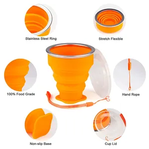 Reusable Silicone Collapsible Travel Cup 6.8oz Plastic Folding Cup With Lid Sports Silicone Pocket Cup Set For Outdoor Camping
