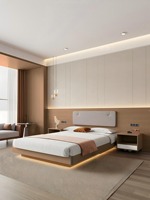 Ensemble complet de mobilier d'hôtel en bois chaud pour chambre double : Cadre de lit flottant à LED, tête de lit souple, armoire, meuble TV, kit complet pour chambre d'hôtes