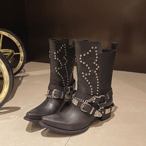 Vente en gros de bottes de cowboy pour femmes style punk noir pour bottes Martin bottes <span class=keywords><strong>Chelsea</strong></span> Western à bout pointu clouté pour l'automne et le printemps - Product Image 3