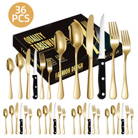Ensemble de couverts en acier inoxydable doré avec manches noirs, couteaux à steak, finition polie miroir, coffret cadeau pour mariage