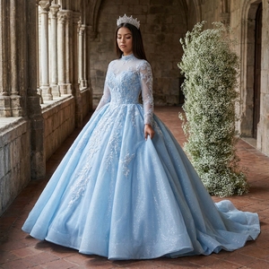 Vestido de Gala Largo Azul Musulmán Lsany258 para Quinceañera, con Perlas y Flores, Estilo Jancember - Product Image 1