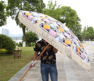 Зонт с бахромой в стиле бохо, большой Портативный пляжный зонтик с деревянной кисточкой и Песковым якорем, из белого хлопка UV50 + 8 ', с логотипом под заказ - Product Image 5