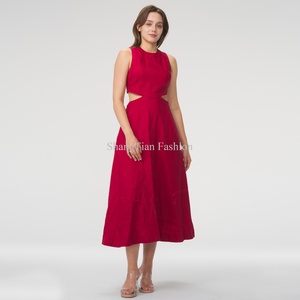 Vestido Midi Rojo de Lino para Mujer, Personalizado, de Alta Calidad, con Cuello Alto y Corte Sexy sin Mangas - Product Image 2