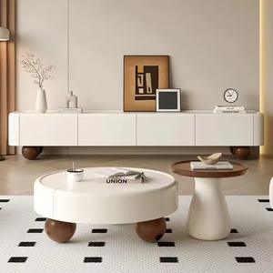 Meuble TV moderne en bois massif avec plateau en pierre de style crème, blanc, personnalisable pour salon - Product Image 4