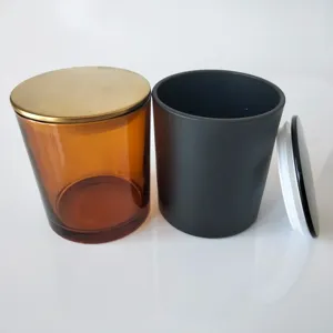 Lege Kaars Vat Luxe Matte Zwarte Glazen Kaars Potjes Container Met Zwart Metaal Bamboe Hout Kurk Deksel 8Oz 10Oz 14Oz