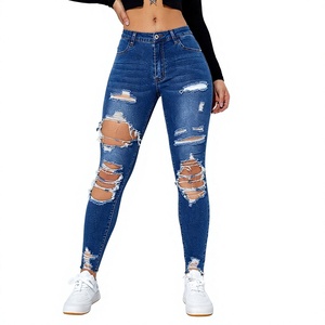 Jean déchiré décontracté en denim bleu grande taille de qualité supérieure, coupe skinny longue et ajustée, extensible avec fermeture éclair, pour femme, exporté du Bangladesh - Product Image 3