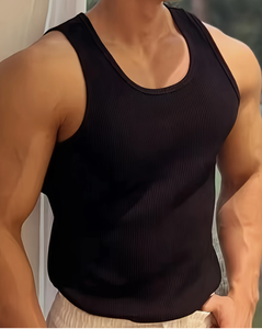 Canotta da <span class=keywords><strong>uomo</strong></span> in tinta unita con scollo elastico a coste stile estivo canottiera da <span class=keywords><strong>uomo</strong></span> senza maniche in cotone ad asciugatura rapida e traspirante tinta unita - Product Image 2