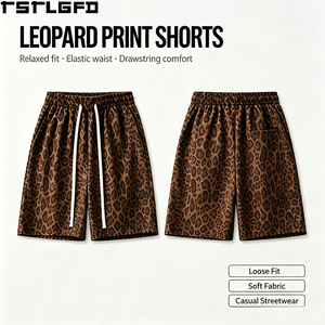 Custom Leopard Print Shorts Heavyweight Cotton Twill Drawstring Waist Streetwear Baggy Bermuda Shorts Wholesale - Product Image 3
