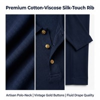 Ensemble en tricot côtelé pour femme, col polo, boutons dorés, manches longues, pantalon large, 240 GSM, respirant, doux, toutes saisons, bleu marine, Parisien, S-5X