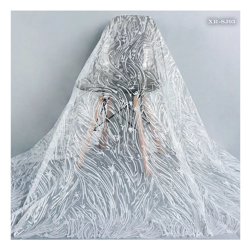 Zarif fransız sequins metalik gümüş parıltılı tül nakış dantel kumaş düğün elbisesi