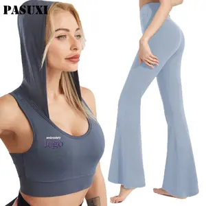 Pasuxi sutiã com capuz feminino, conjunto esportivo casual de cintura alta com top cropped para academia e yoga