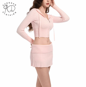 Produttore di maglieria KD personalizzabile in maglia <span class=keywords><strong>rosa</strong></span> Casual pieghevole su gonna a metà vita con Zip <span class=keywords><strong>Cardigan</strong></span> <span class=keywords><strong>donna</strong></span> 2 pezzi - Product Image 4