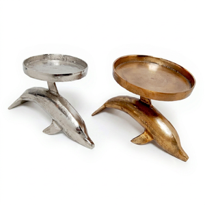 Support à bougie en aluminium moulé en forme de dauphin, finition argentée et dorée, ensemble de 2 bougeoirs décoratifs faits à la main, vintage, pour la décoration de la maison - Product Image 1