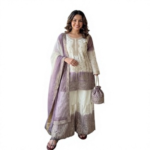 Elegant White Silk Salwar Kameez With Blue Dupatta Embroidered Ankle-Length Women's <b>Wedding</b> Wear India Pakistan Regular Fit - Product Image 1
