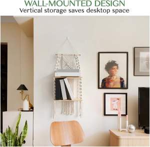 Lot de 2 étagères murales en macramé, style bohème à double couche, support flottant en bois pour plantes, décoration intérieure - Product Image 2