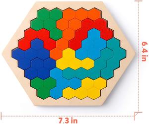 Puzzle hexagonal en bois pour enfants et adultes - Bloc de formes géométriques Tangram, casse-tête, jeu de logique et d'intelligence - Product Image 2
