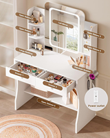Bureau de maquillage en MDF blanc avec miroir éclairé, 2 tiroirs, étagères de rangement et support pour sèche-cheveux, couleurs personnalisées