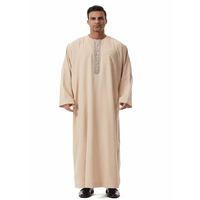 Thobe pour hommes du Moyen-Orient, vêtement islamique à manches longues, col rond en dentelle, Thawb Caftan Arabe Dubaï, respirant, pour la prière
