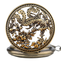 Jam Saku Mekanik Otomatis Vintage Phoenix & Bunga Skeleton Steampunk dengan Rantai untuk Pria