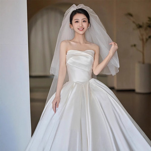 Strapless Satin Wedding Dress Natural Waistline Vintage Bridal Gown For Petite Brides - Product Image 3