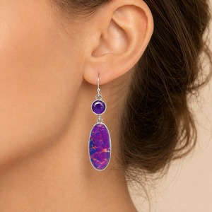 Orecchini retrò viola ovali con pietre intarsiate, gioielli semplici da donna per tutti i giorni, ideali come regalo - Product Image 2