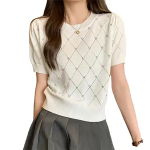 2023 Summer Women's Wholesale Ice Silk Knitted Short Sleeve Women's Elegant Hollow out Diamond Pullover