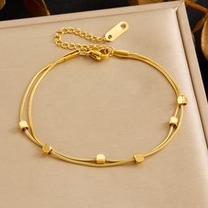 Gold Plated Double Layered Beaded Square Stainless Steel Bracelet For Women Geometric Design Gift Jewelry - Product Image 1