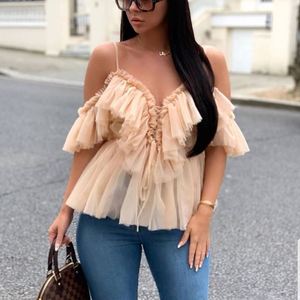 2022 superventas de las mujeres Sexy malla gasa <span class=keywords><strong>encaje</strong></span> cuello en V moda Falbala mujeres camisetas sin mangas cortas Color sólido Casual <span class=keywords><strong>camiseta</strong></span> - Product Image 3