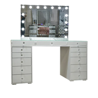 Coiffeuse moderne à miroir blanc à 13 tiroirs avec boîte à bijoux LED Commode à miroir en bois réglable pour chambre à coucher à usage domestique
