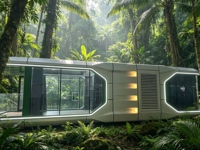Capsule spatiale de luxe intelligente de 30 pieds avec 1 chambre, cuisine, salon et terrasse pour une hébergement panoramique