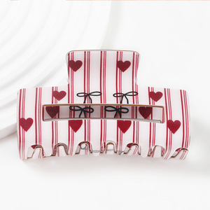 Pinzas de Pelo para Mujer al por Mayor, 8.4cm, con Lazo Blanco y Rojo, Rectangulares, Acrílicas, con Puntos, Estampado de Corazón Rojo de San Valentín - Product Image 5