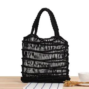 トレンディな手作りの織りビーチバッグ: 女性の新しいドロップシッピングコレクションのための森にインスパイアされたスタイルのポータブルコットンロープネットバッグ