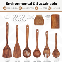 Ensemble d'Ustensiles de Cuisine en Bois de Teck Non Toxique avec Support, Spatule, Louche et Crochets Métalliques pour la Cuisson