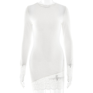 European Style <b>Knit</b> Dress Crew Neck Lace Trim Slim Fit Short Casual Dress Daily Wear - Product Image 5